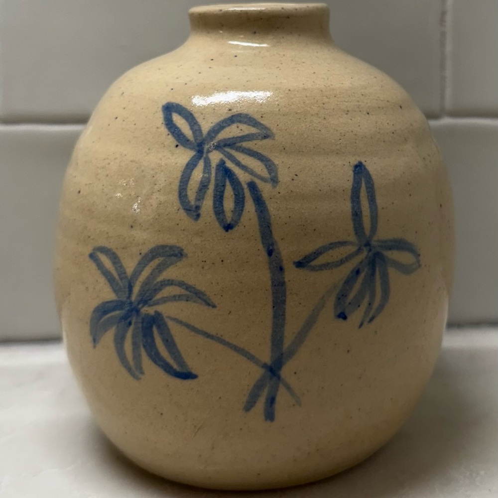 Handcrafted Beige Vase with Blue Floral Design